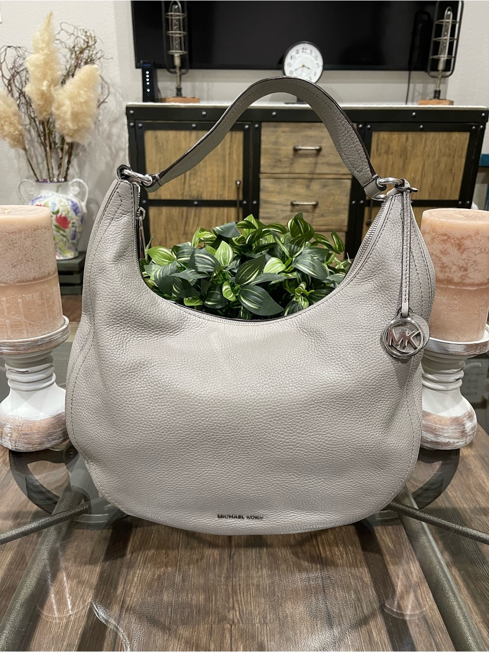 Michael Kors Pebbled Leather Hobo Shoulder Bag in Light Gray